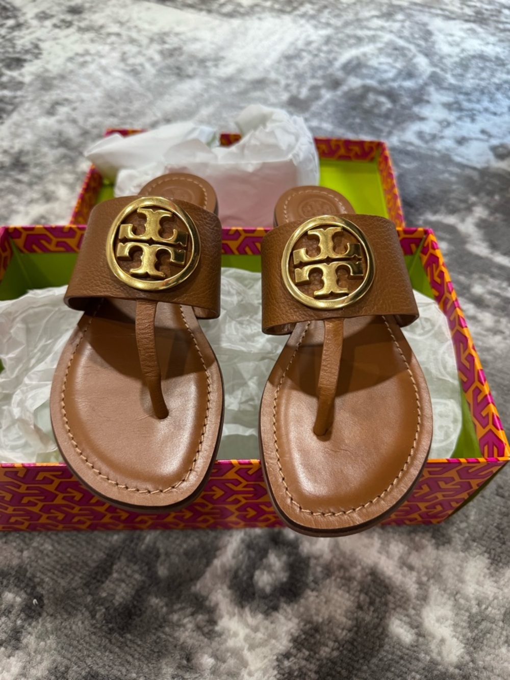 Tory Burch Brown Leather Thong Sandals with Gold Logo Medallion